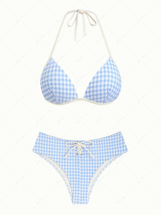 Light Blue Gingham Textured Halter Triangle Push Up Bikini Set