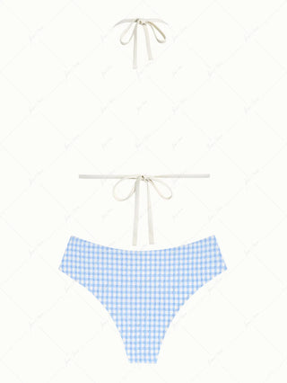 Light Blue Gingham Textured Halter Triangle Push Up Bikini Set