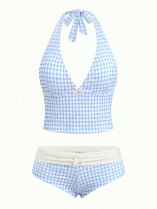 Light Blue Grid Textured Plunging Neck Halter Foldover Cheeky Boyshorts Tankini Set