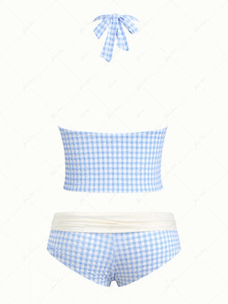 Light Blue Grid Textured Plunging Neck Halter Foldover Cheeky Boyshorts Tankini Set
