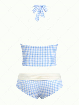 Light Blue Grid Textured Plunging Neck Halter Foldover Cheeky Boyshorts Tankini Set