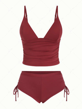 Red Wine Solid Color Ruched Plunging Neck Cinched Cheeky Boyshorts Tankini Set