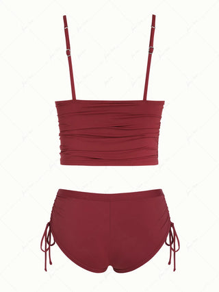 Red Wine Solid Color Ruched Plunging Neck Cinched Cheeky Boyshorts Tankini Set