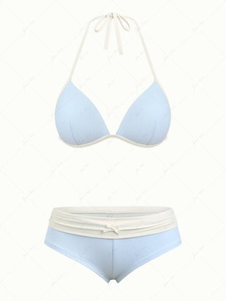 Light Blue Contrast Binding Ribbed Knit Halter Triangle Push Up Bikini Set