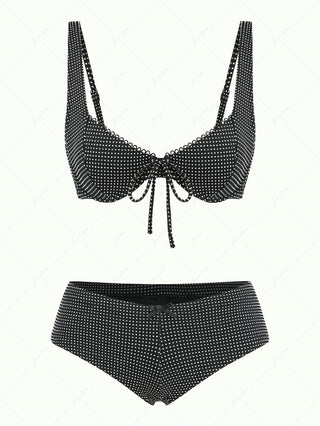 Black Pin Dot Jacquard Fabric Picot Underwire Cheeky Boyshorts Bikini Set