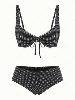 Black Pin Dot Jacquard Fabric Picot Underwire Cheeky Boyshorts Bikini Set