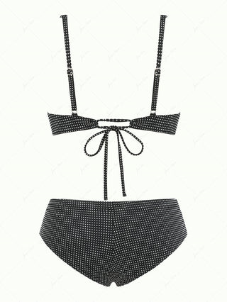 Black Pin Dot Jacquard Fabric Picot Underwire Cheeky Boyshorts Bikini Set