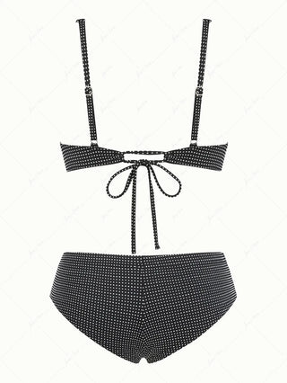 Black Pin Dot Jacquard Fabric Picot Underwire Cheeky Boyshorts Bikini Set
