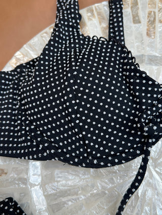 Black Pin Dot Jacquard Fabric Picot Trim Underwire Bikini Top