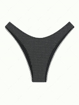 Black Pin Dot Jacquard Picot Trim High Leg Bikini Bottom