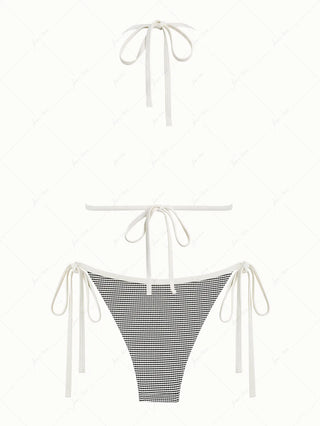 Crystal Cream Metallic Gold Yarn Knitted Fabric Ruffles Halter Triangle Bikini Set