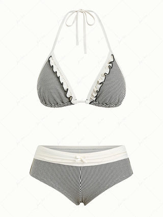 Crystal Cream Metallic Gold Yarn Knitted Fabric Ruffles Cheeky Boyshorts Bikini Set