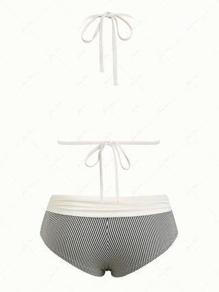 Crystal Cream Metallic Gold Yarn Knitted Fabric Ruffles Cheeky Boyshorts Bikini Set