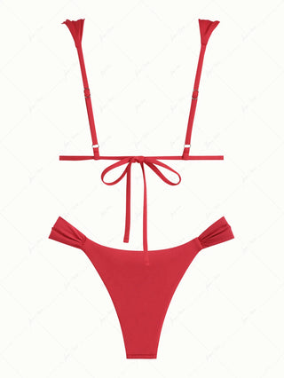 Red Solid Color Ruched Wide Straps Triangle High Leg Bikini Set