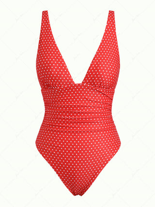 Red Polka Dot Print Vintage Ruched Plunging Neck One-piece Swimsuit