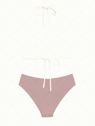 Cherry Red Striped Contrast Binding Halter Triangle Half-covered Bikini Set