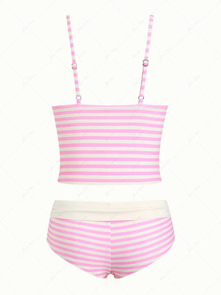 Light Pink Striped Lace Bowknot halter Cheeky Boyshorts Tankini Set