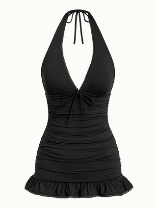 Black Solid Color Ruched Ruffles Halter Tied Skirted One-piece Swimsuit