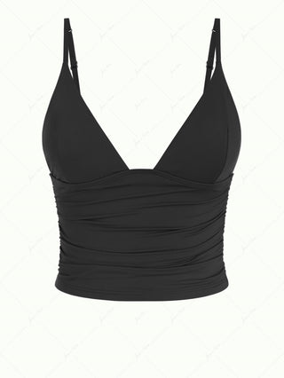 Black Solid Color Ruched Plunging Neck Cami Tankini Top