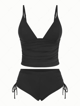 Black Solid Color Ruched Plunging Neck Cinched Cheeky Boyshorts Tankini Set