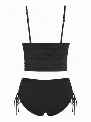 Black Solid Color Ruched Plunging Neck Cinched Cheeky Boyshorts Tankini Set
