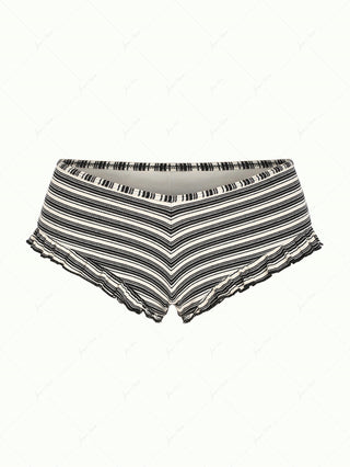 Black Knit Striped Ribbed Peplum  Bikini Bottom Cheeky Swim Boyshorts