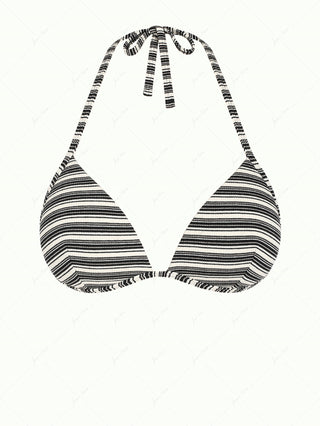 Black Knit Striped Ribbed Halter Triangle Bikini Top