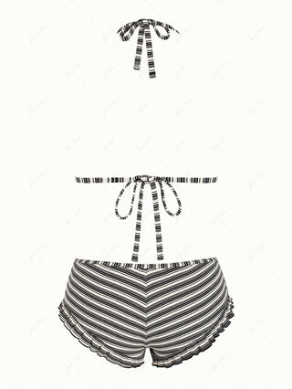 Black Knit Striped Ribbed Triangle Push Up Top & Cheeky Boyshort Bikini Set