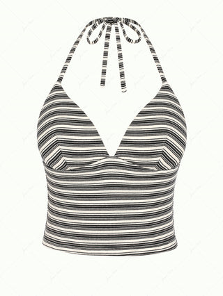Black Knit Striped Ribbed Tankini Top