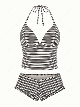 Black Knit Striped Ribbed Halter Push Up Top & Cheeky Boyshorts Tankini Set