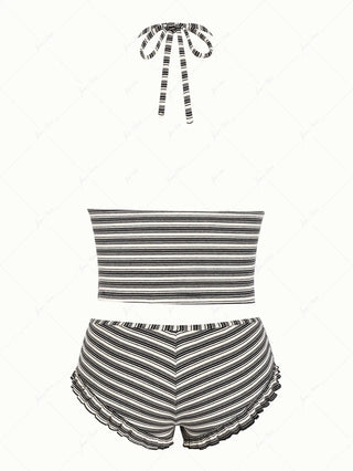 Black Knit Striped Ribbed Halter Push Up Top & Cheeky Boyshorts Tankini Set