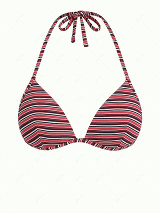 Red Knit Striped Ribbed Halter Triangle Bikini Top