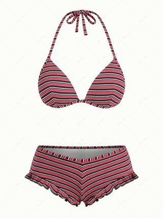 Red Knit Striped Ribbed Halter Triangle Push Up Top & Cheeky Boyshort Bikini Set