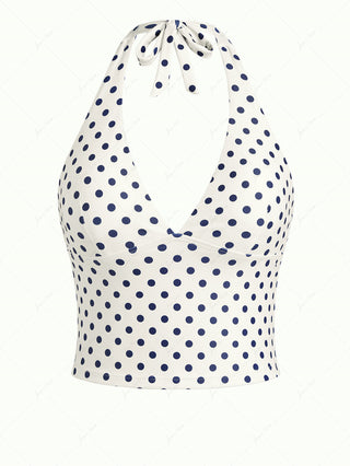 Crystal Cream Vintage Polka Dot Plunging Neck Halter Tankini Top