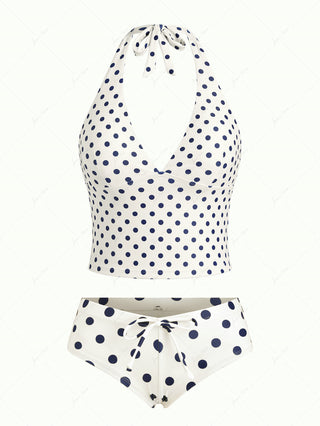 Crystal Cream Vintage Polka Dot halter Cheeky Boyshorts Tankini Set