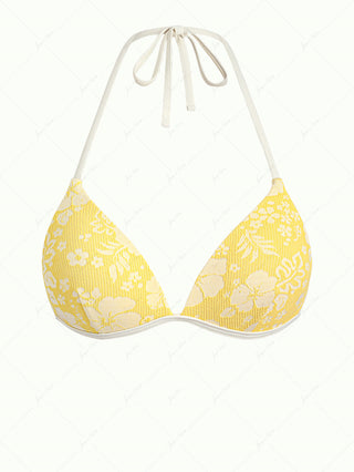 Yellow Recycled Fabric Jacquard Support Halter Triangle Bikini Top