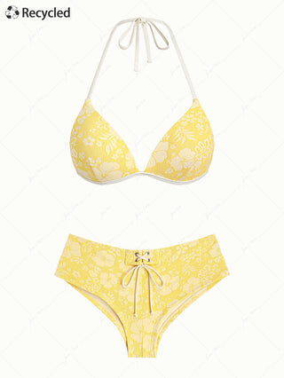 Yellow Recycled Fabric Jacquard Halter Triangle Push Up Bikini Set