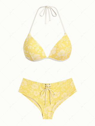 Yellow Recycled Fabric Jacquard Halter Triangle Push Up Bikini Set
