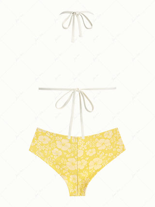 Yellow Recycled Fabric Jacquard Halter Triangle Push Up Bikini Set