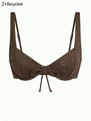 Deep Coffee Recycled Fabric Eyelet Jacquard Tied Underwire Bikini Top