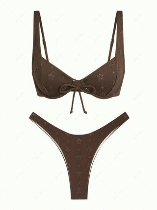 Deep Coffee Recycled Fabric Eyelet Jacquard Underwire Bikini Set