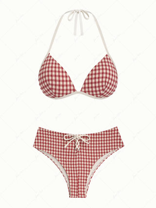 Pomegranate Red Gingham Halter Triangle Push Up Bikini Set