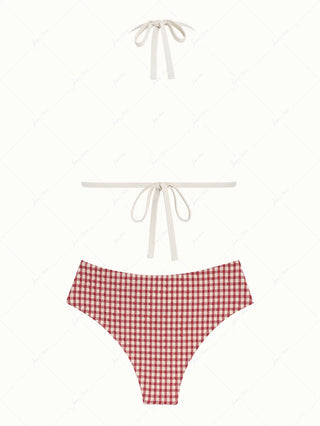 Pomegranate Red Gingham Halter Triangle Push Up Bikini Set