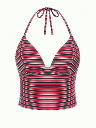 Red Knit Striped Ribbed Halter Tied Push Up Tankini Top