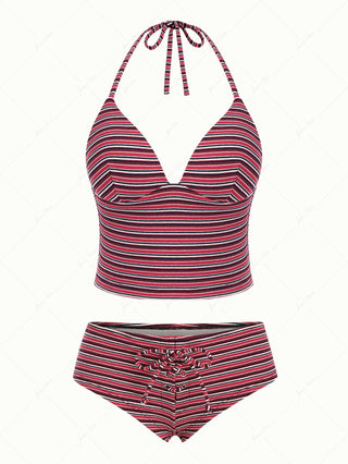 Red Knit Striped Ribbed Halter Push Up Top & Cheeky Boyshorts Tankini Set