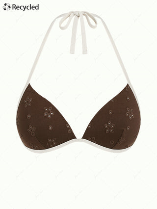 Deep Coffee Recycled Fabric Eyelet Jacquard Molded Cups Support Bikini Top