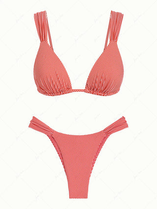 Cherry Red Polka Dot Print Ruched Triangle Bikini Set