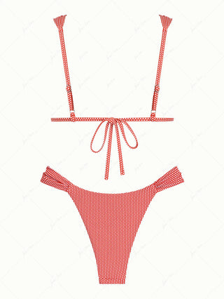Cherry Red Polka Dot Print Ruched Triangle Bikini Set