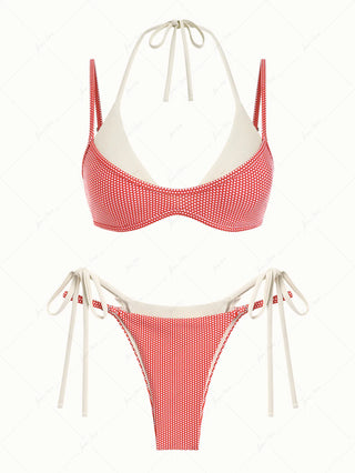 Cherry Red Polka Dot Print Tie Side Double Layer Bikini Set