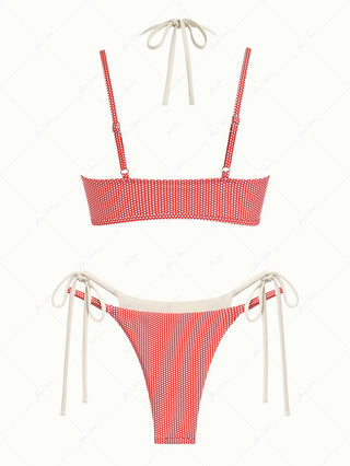 Cherry Red Polka Dot Print Tie Side Double Layer Bikini Set